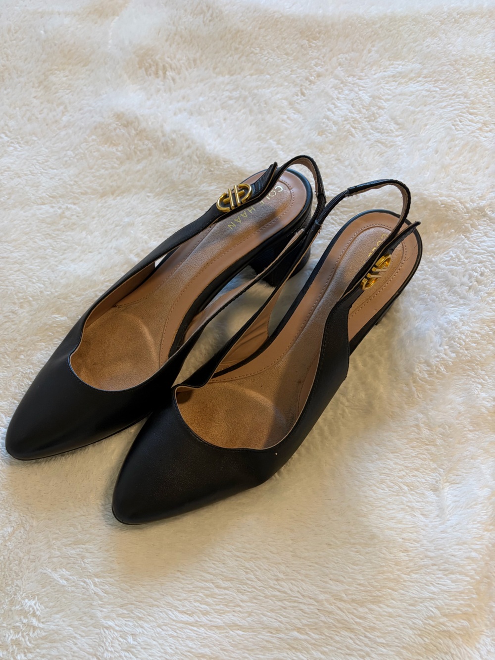 Cole Haan Black Pointed Toe Slingback Flats with Gold Buckle